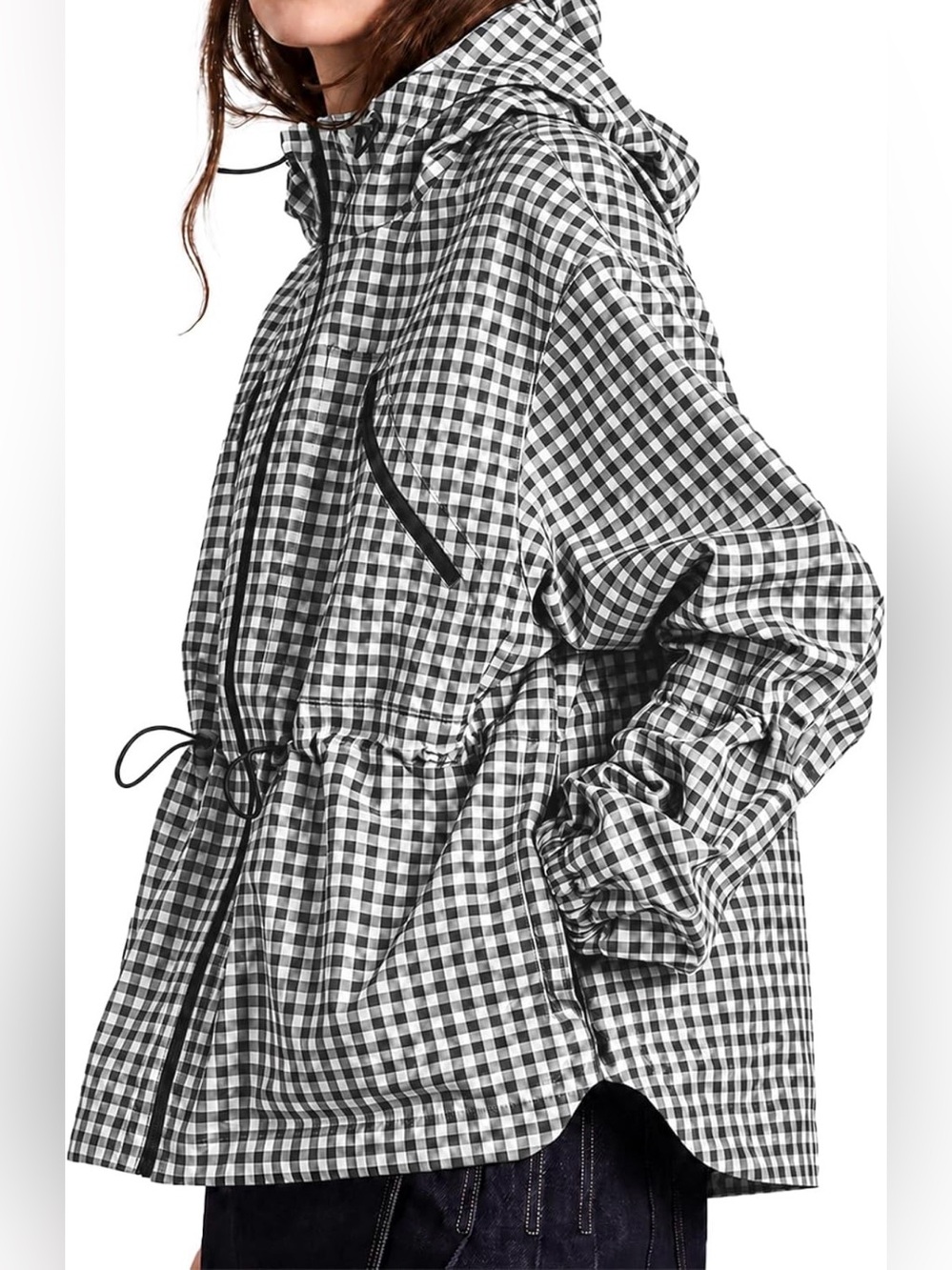 Checked Hooded Waterproof Rain Jacket - Black/White